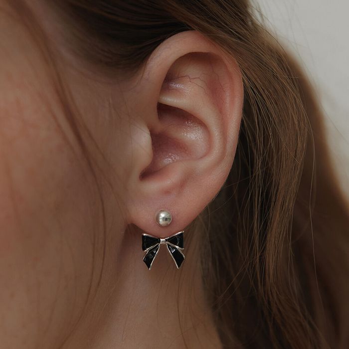 [Silver 925] Black Party Ribbon Ear Jacket Earrings おしゃれ ピアス 韓国ファッション