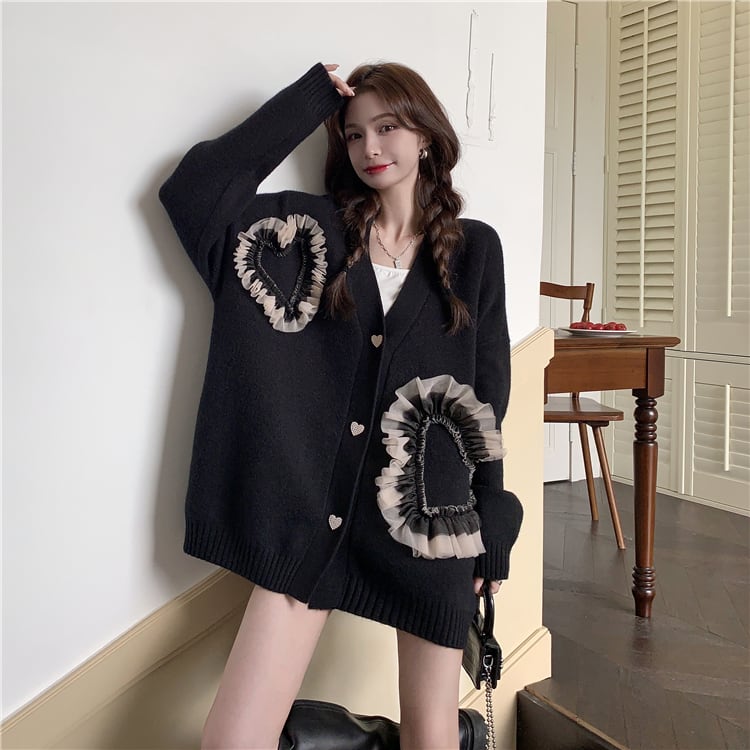アウター カーディガン ハート フリル 黒 ブラック 前開き ボタン かわいい 大人可愛い
