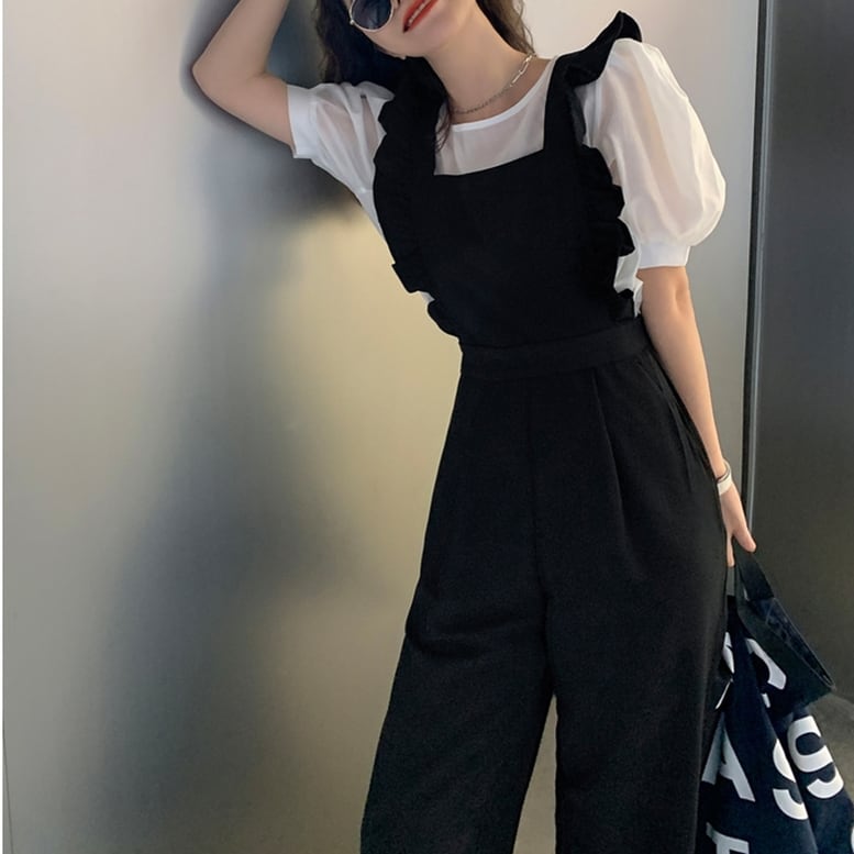 レディース フリルショルダーサロペットパンツ オールインワン サロペット パンツ ジャンプスーツ