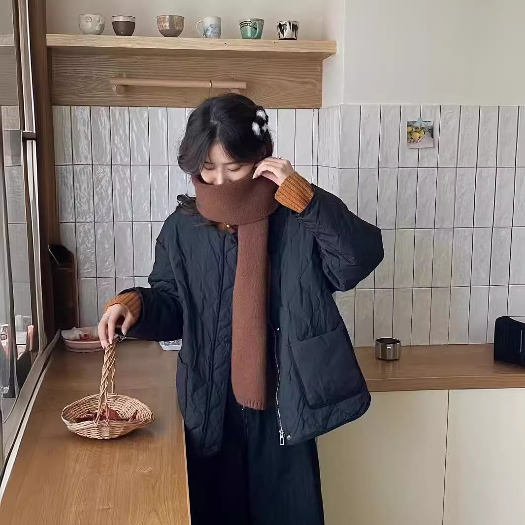 ホワイトダックダウン薄手ダイヤモンドチェックダウンジャケットレディースひょうたん秋冬新作ハイエンド大きいサイズゆったりラウンドネックジャケット