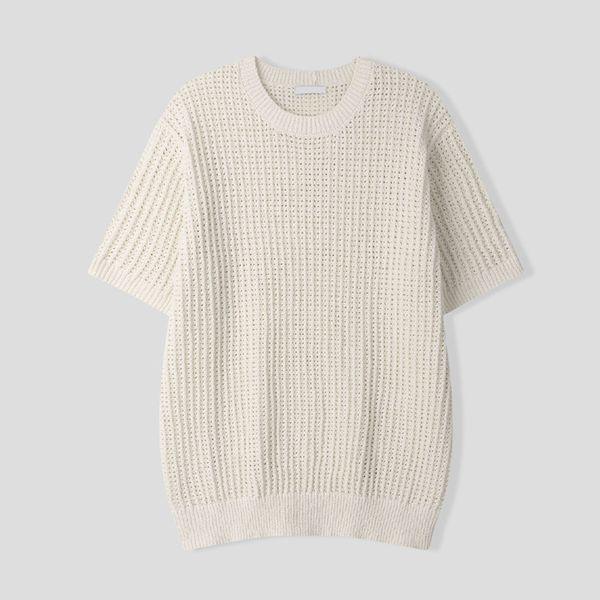 メンズ コルク スカシ ラウンド 半袖 ニットTシャツ AS KNH Q015 アイボリー_P422469441