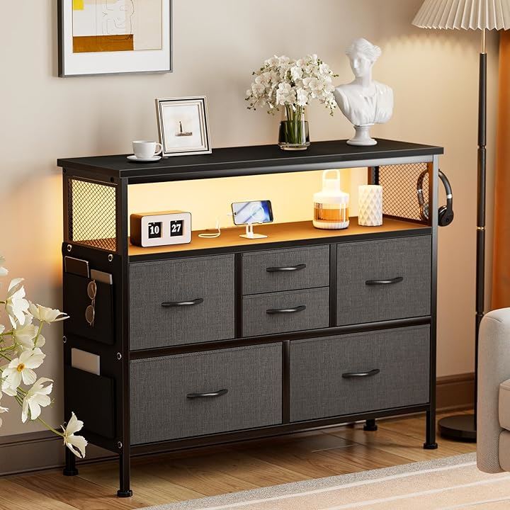 チェスト収納 箪笥 棚付き リビング収納チェストLEDライト付きおしゃれ 収納ケースタンス 引き出し 大容量 北欧 USBポート付き洋服タンス 布製(ダックグレー, 幅100CM)