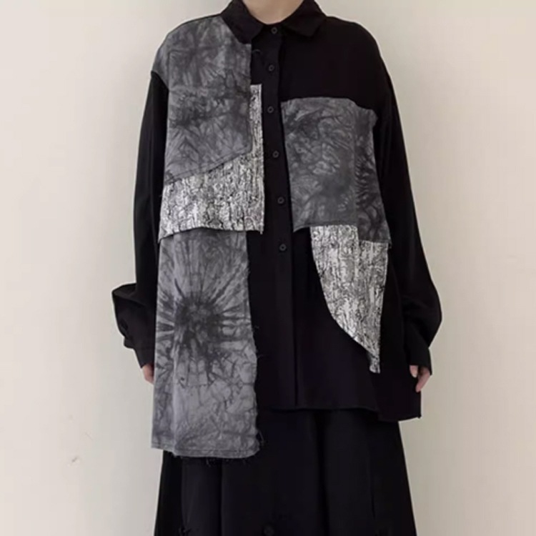 イレギュラー パッチワーク トップス シャツ 長袖 ポロカラー ニッチシック ワイド ボタン コットン ルーズ 春 秋 ユニセックス お出かけ 体型カバー ゆったり フリーサイズ ブラック