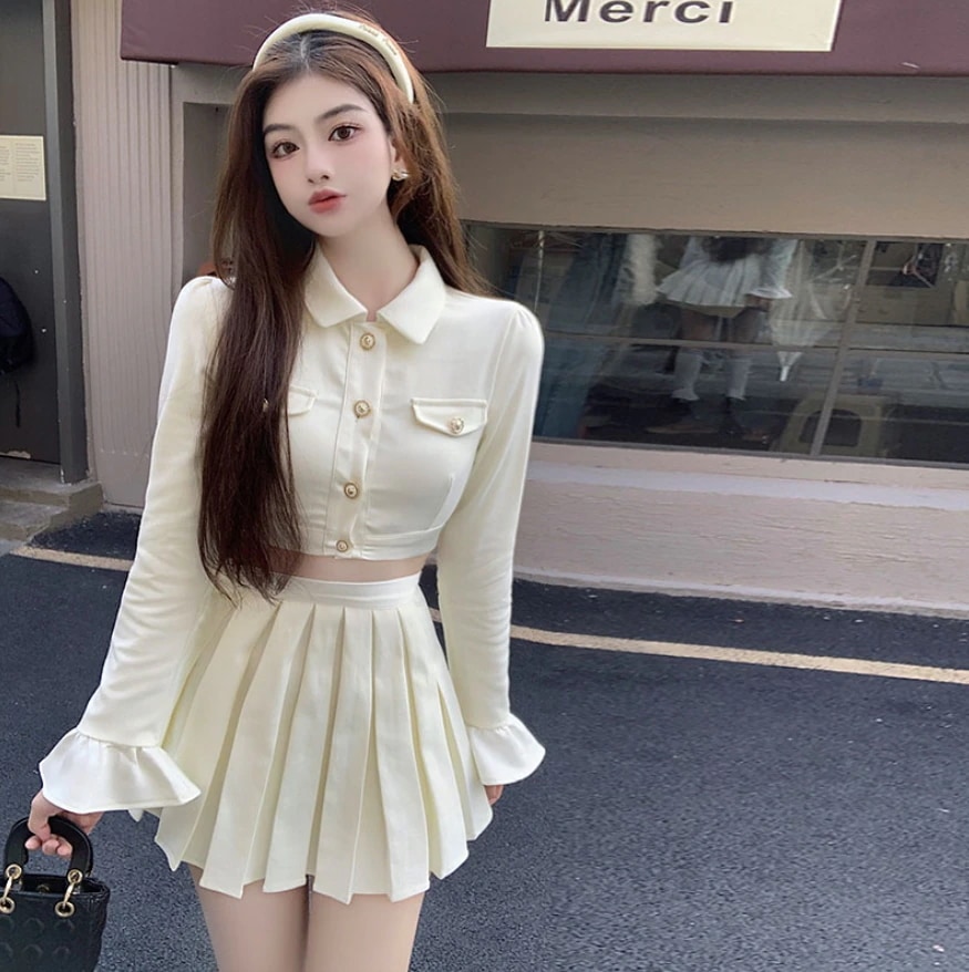 トップス スカート ジャケット ミニスカート プリーツスカート ミニ丈 ショート丈 クロップド丈 袖あり 長袖 襟付き ストレート Aライン プリーツ 上下セット 2点セット ツーピース かわいい