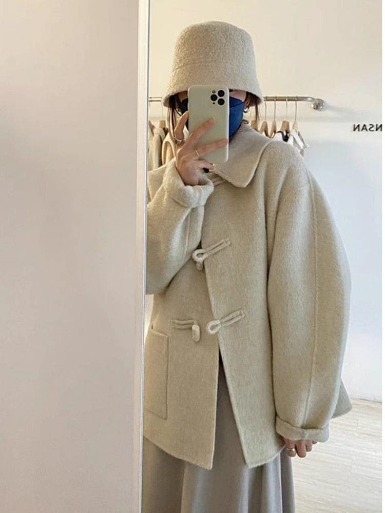 ショートホーンボタンウールコートレディース秋冬新作韓国ウールジャケット高品質小人30%制限