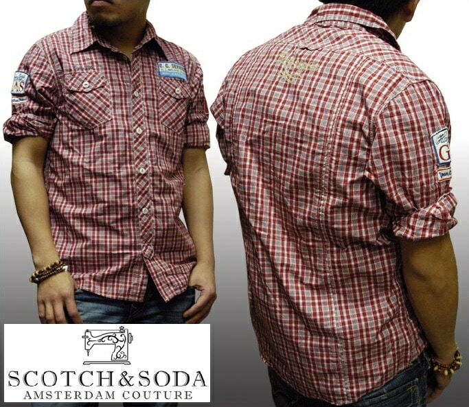 セール スコッチ&ソーダ 400種類の品揃え SCOTCH&SODA スコッチアンドソーダ メンズ 半袖 チェック ウェスタン ワークシャツ ワッペン レッド ボタンシャツ インポート カジュ