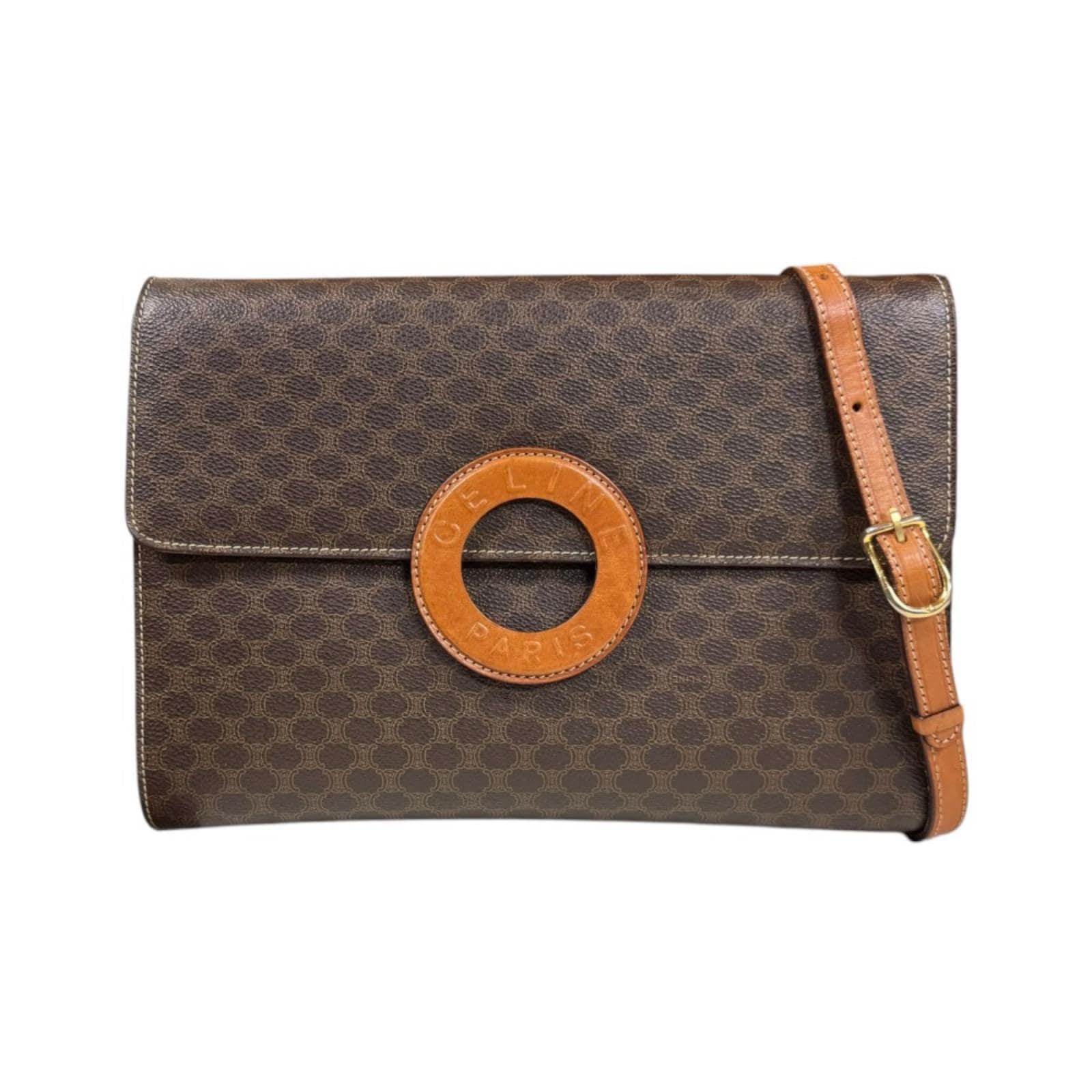 セリーヌ マカダム ショルダーバッグ PVCコーティングキャンバス ブラウン CELINE 中古