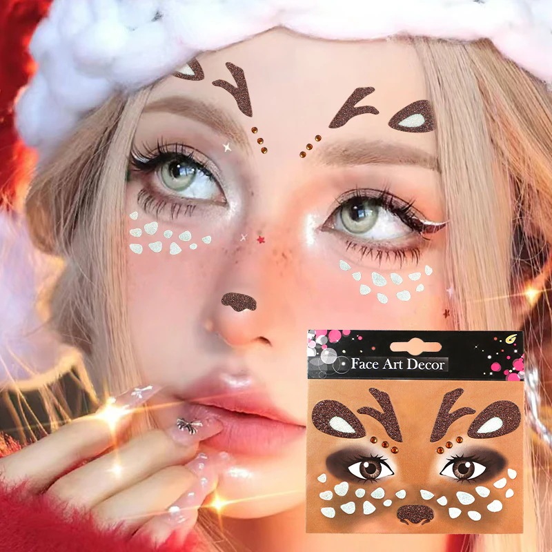【1点ご購入 で10点プレゼントいたします】クリスマスの鹿の顔に新年のクリスマスカーニバルの祝日パーティーの舞台での顔の化粧シート