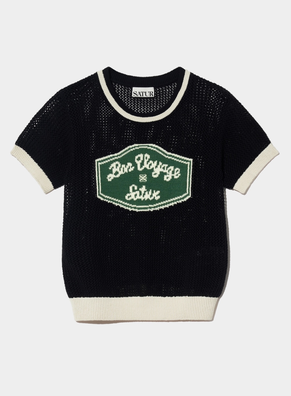 【SATUR】 (W) BON VOYAGE ARTWORK LOGO CREW NECK HALF KNIT : ORGANIC BLACK