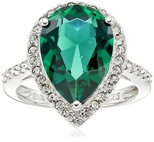 Sterling Silver Swarovski Emerald Color and Clear Crystal Pear Ring, Size 8