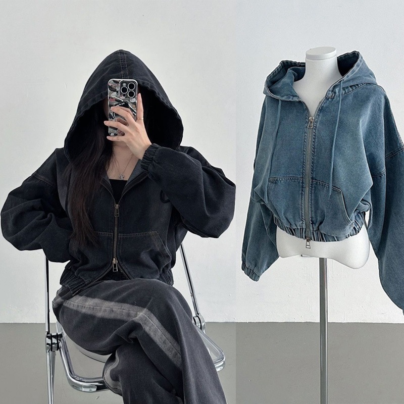 早 韓国スタイルレディース 女性用フロントジップアップ長袖ポケットカジュアルパーカー デニムジャケット