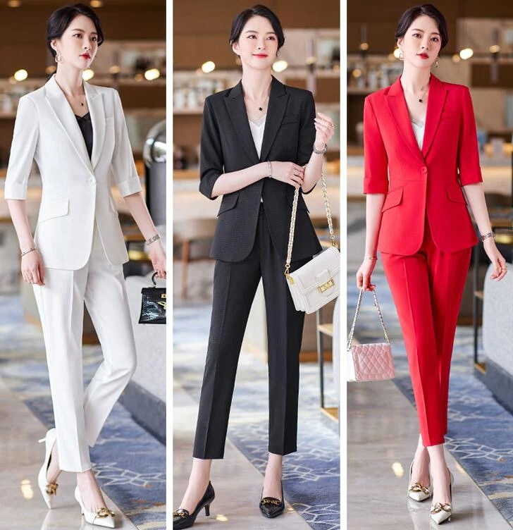 大 3色 2点/３点セット選択可 ７分丈 ジャケット＋９分丈 パンツ/スカート ビジネス 通勤 OL 着痩せ キャバ レディーススーツ 春夏 S～5XLママスーツ 大きいサイズ 黒/赤/レ