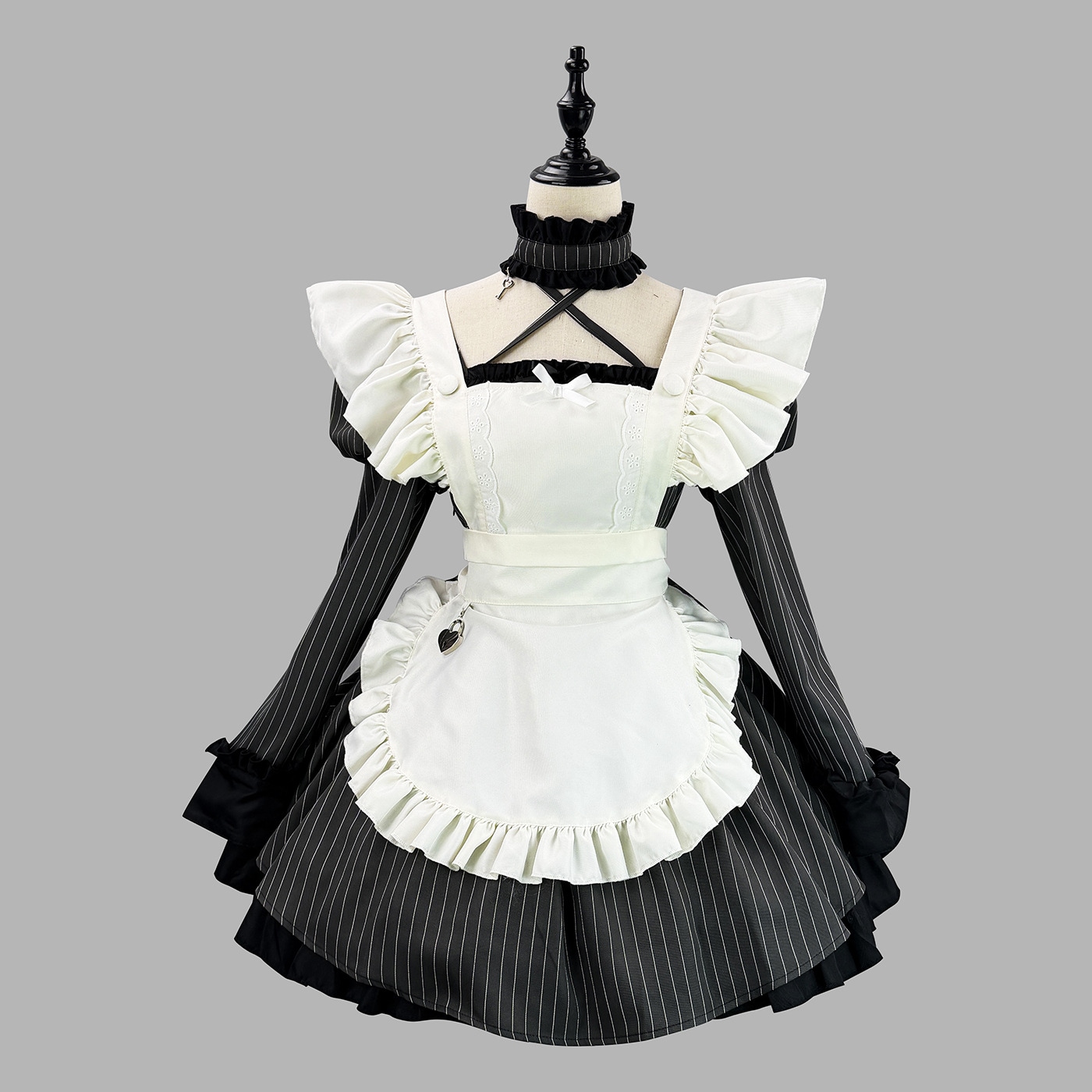 甘美ストライプメイド服 レースフリルパフスリーブメイドゲーム衣装パフォーマンス衣装