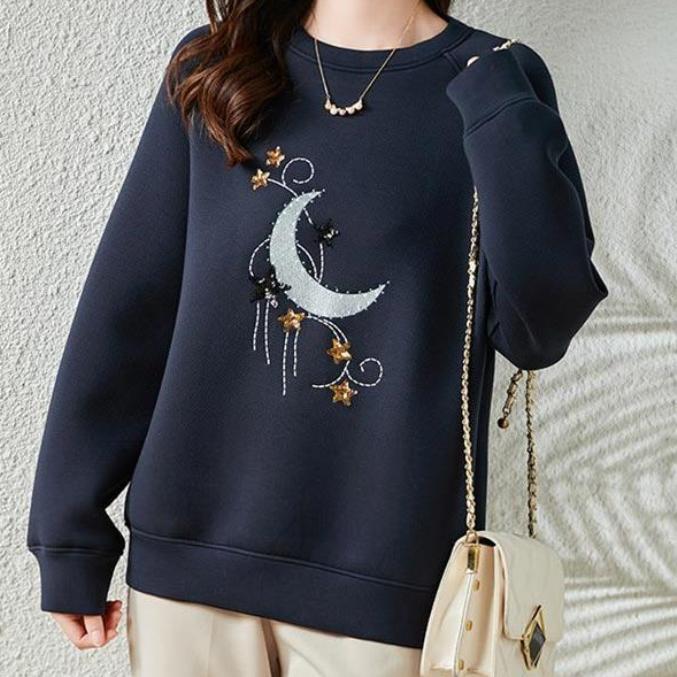 ムーンアップリケ スパンコールスター柄 刺繍 ステッチ ラグランスリーブ トップス プルオーバー