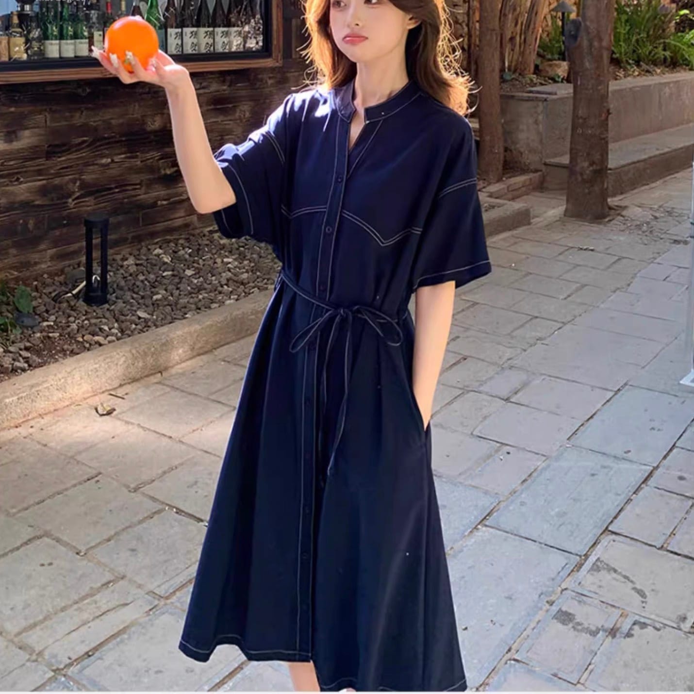 レディース ワンピース デート シャツワンピース フレアワンピース デニムワンピース ワンピドレス ミモレ ミモレ丈 袖あり 半袖 フレアスリーブ 襟なし フレア ワイド Aライン 切り替えデザイン