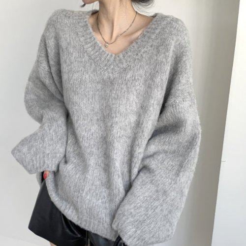ニット セーター レディース Vネック オーバーサイズ 体型カバー ニットセーター カジュアル 韓国 ファッション ルーズフィット 細見え ビッグシルエット 防寒 無地 シンプル 可愛い 大人可愛いカ