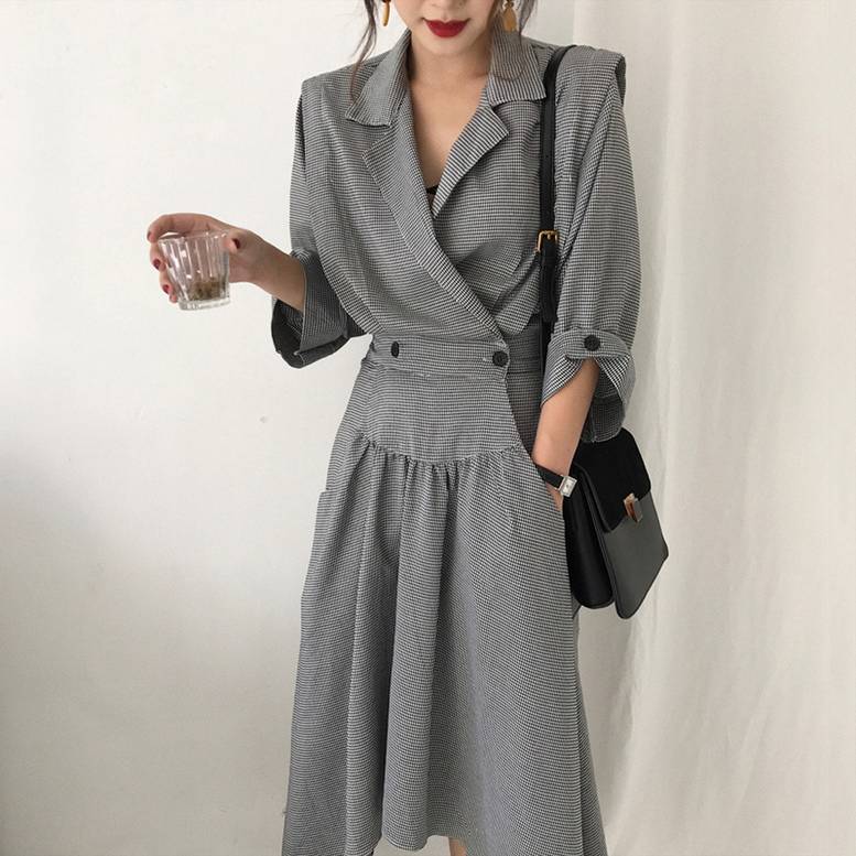 レディース 開襟ワンピース 千鳥格子ワンピース スーツワンピース アシンメトリー ハイウエスト ドレ