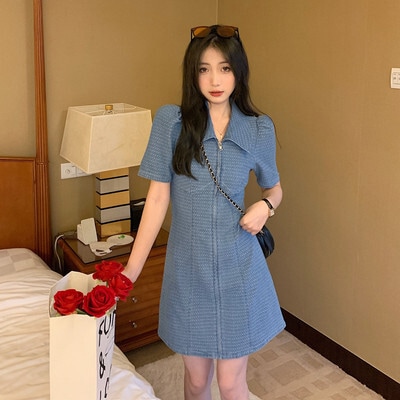 デニムワンピース ワンピース フレアワンピース デニムワンピース ミニ ミニ丈 袖あり 半袖 パフスリーブ Vネック 襟付き フレア Aライン ハイウエスト デニム かわいい 大人可愛い きれいめ 5,382円