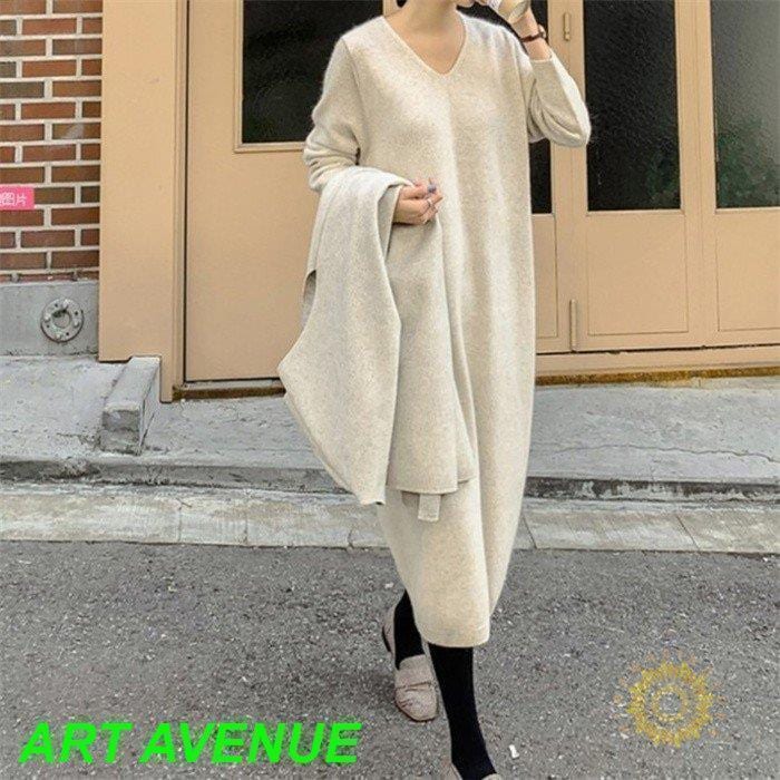 年末メガセール ロングワンピース ニットワンピース 秋 冬 レデース ワンピース 長袖 ロング丈 黒 無地 体型カバー ゆったり Vネック リブ ニット 重ね着 通勤 30代 40代 50代ロングワン