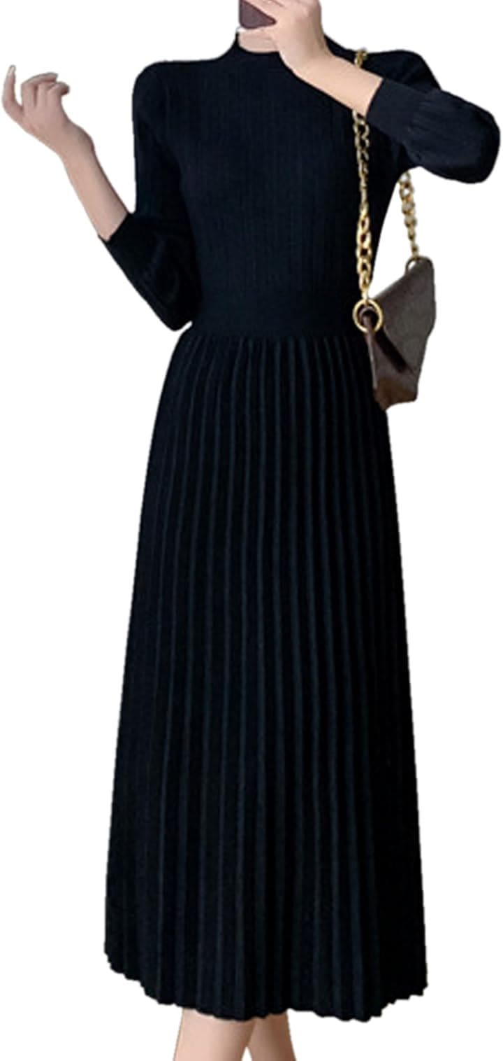 ワンピース レディース ニット プリーツ モックネック パフスリーブ ミモレ丈 Aライン 長袖 レディースライク プチハイネック ファッション ウエスト切替 お洒落(ブラック, L) 6,134円