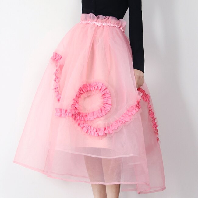 スカート レディース チュチュスカート ミドル丈スカート 大きいサイズ ミドル丈 無地 ピンク レース ふんわり 透け感 フリル ファッション 春 秋 スプリング オータム 着やせ 美脚 シンプル ハ