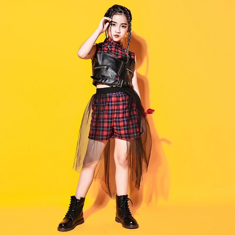 キッズ ダンス衣装 へそ出し トップス チェック柄 レースチュール セットアップ 韓国 キッズ 柄パンツ スカート ヒップホップ HIPHOP 発表会-565