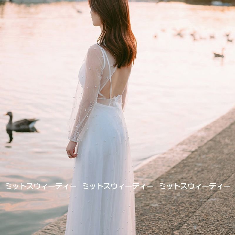 ウエディングドレス 二次会 花嫁 前撮り 長袖 パール チュール ウェディングドレス ロングドレス 結婚式 白 リゾートドレス ワンピース バックレス ビーチフォト
