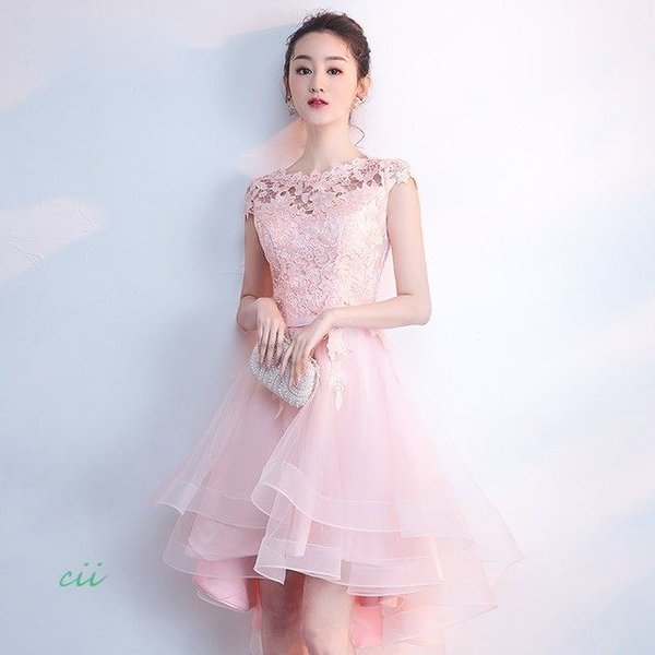 ピンク ドレス 結婚式 パーティードレス 20代 二次会 ブライズメイドドレス Aライン 前短後長 30代 レースドレス 披露宴 ノースリーブ
