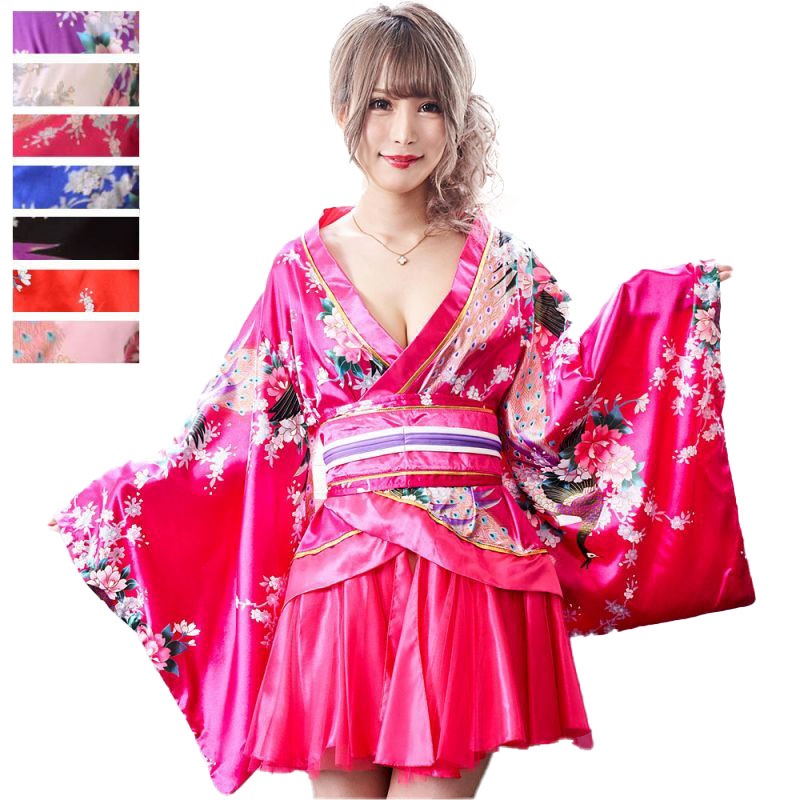 【7カラー】サテン和柄豪華花魁ミニ着物ドレス 和柄 よさこい 花魁 コスプレ キャバドレス [0670]