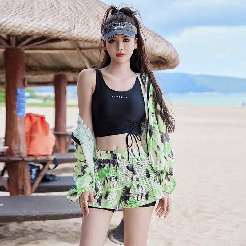 水着 スイムウエア 3点セット レディース カバー アップ ショーツ 温泉 長袖 スリム 休暇 海辺 プール 屋外 日焼け防止 胸パッドあり ワイヤーなし