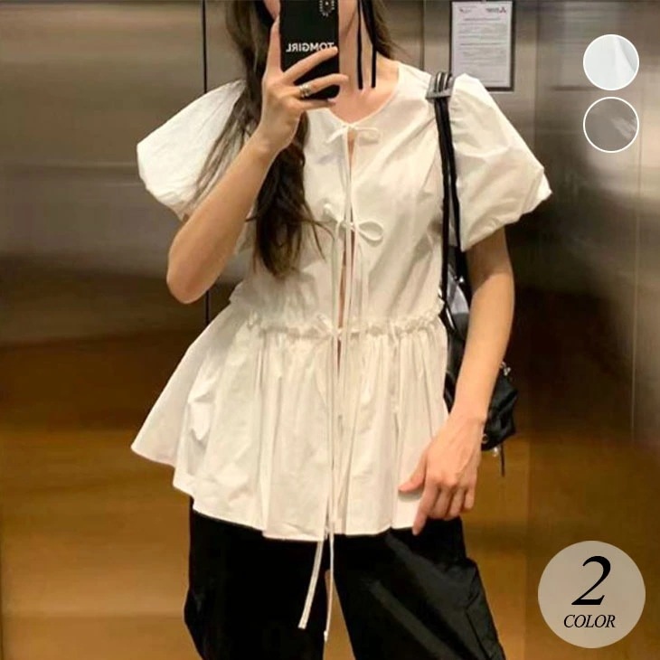 【2025新作 急速出荷】ランタンスリーブ シャツブラウス レディース 春 夏 ブラウス 半袖 トップス レースアップ お洒落 可愛い ドールシャツ フェミニン ガーリー 韓国ファッション