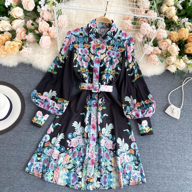 ワンピース レディース Aラインワンピース ミモレ丈 長袖 柄 小花柄 フラワー 春 秋