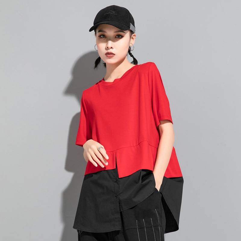 欧米夏の新型暗い冷淡な夏服tシャツはシャツの不規則フェイクレイヤード半袖シャツ大きいサイズトップス