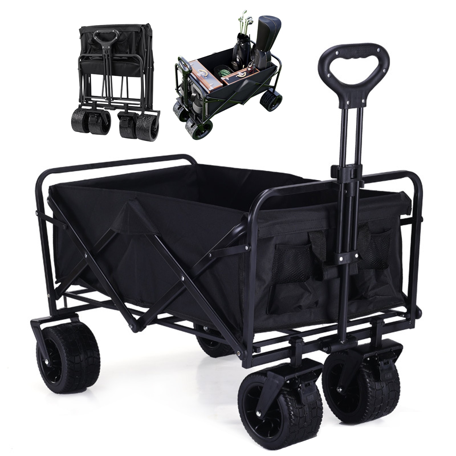 キャリーワゴン 大型タイヤ 【ブレーキ付き】大容量 160L 折りたたみキャリーカート 耐荷重220kg ブラック