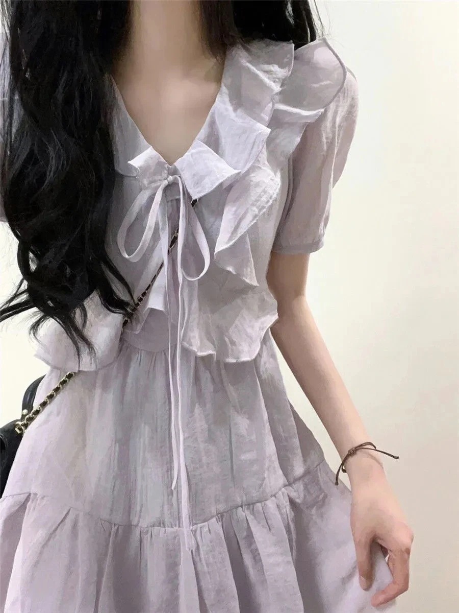 ドレス レディース気質ファッションVネックネクタイドレス女子学生夏の薄いスカート韓国ファッション マキシスカート