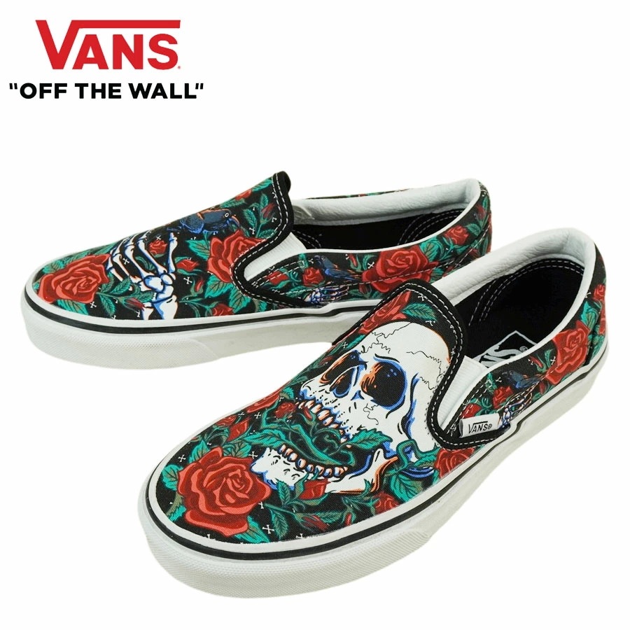 バンズ VANS ヴァンズ【箱無し】CLASSIC SLIP ON クラシック スリッポン スリップオンROSE SKULLS BLACK/TRUE WHTロー