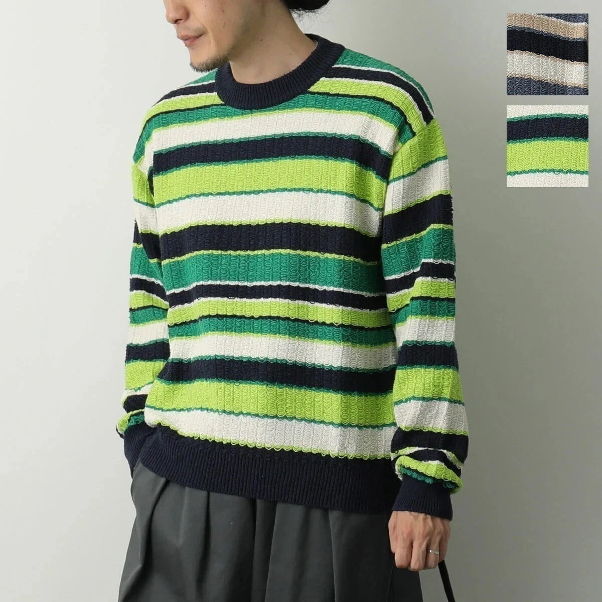 ATOMOFACTORY アトモファクトリー ニット PE24AFU14 メンズ 長袖 リブ クルーネック ボーダー オーバーサイズ イタリア製 ECRU/BEIGE/AVIO/BLU 【ts】