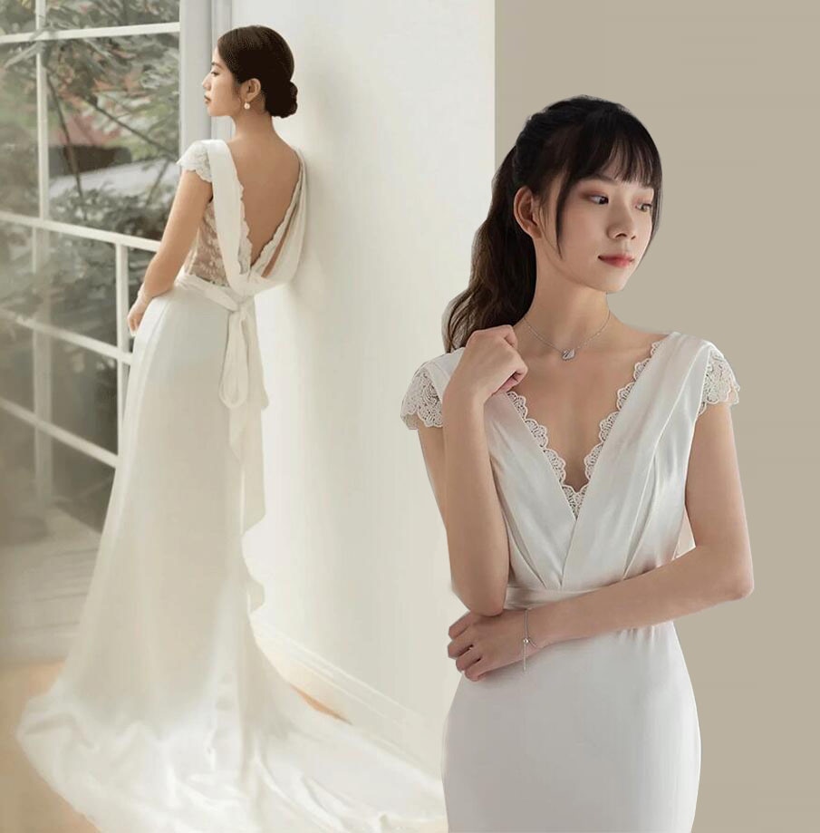 ウエディングドレス ロングトレーン ウェディングドレス フォマール ドレス Vネック 美シルエット 背中セクシー リボン エレガント サテン シンプル レース 森系 結婚式 披露宴 二次会 演奏会 新