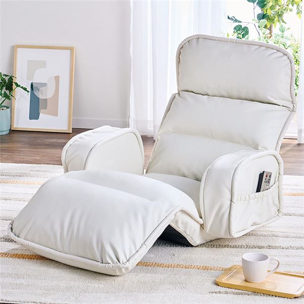 座椅子 フロアチェア (ひじ付ワイド アイボリー レザー調) リクライニング ハイバック NEW収納簡単低反発もこもこ座椅子