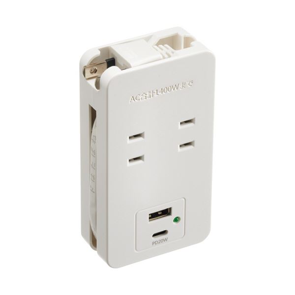 （まとめ） ハイディスクコード巻き取り収納式USBタップ／20WUSBポート AC差込口：2個口 USB Aポート数：1ポート Type-Cポート数：1ポートHDTAC2AC20WH 1個