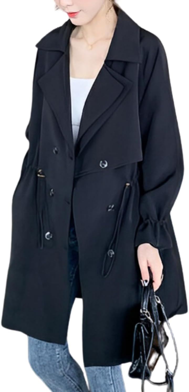 ロングトレンチコート レディース スプリングコート アウター ジャケット 春秋 ロングコート カーキ リクルート(ブラック, L)