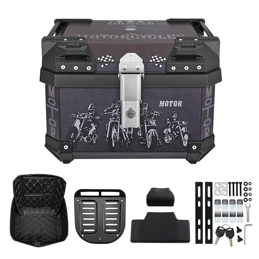 バイク リアボックス 36L/45L/57L大容量トップケース炭素鋼取り付けベース付き 着脱も簡単 旅行 キャンプ 防水バイク用リアボックス バックレスト付き 防犯対策