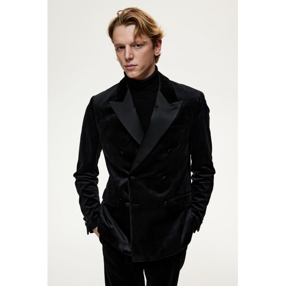 H&M ダブルブレストベルベットタキシードジャケットレギュラーフィットブラック