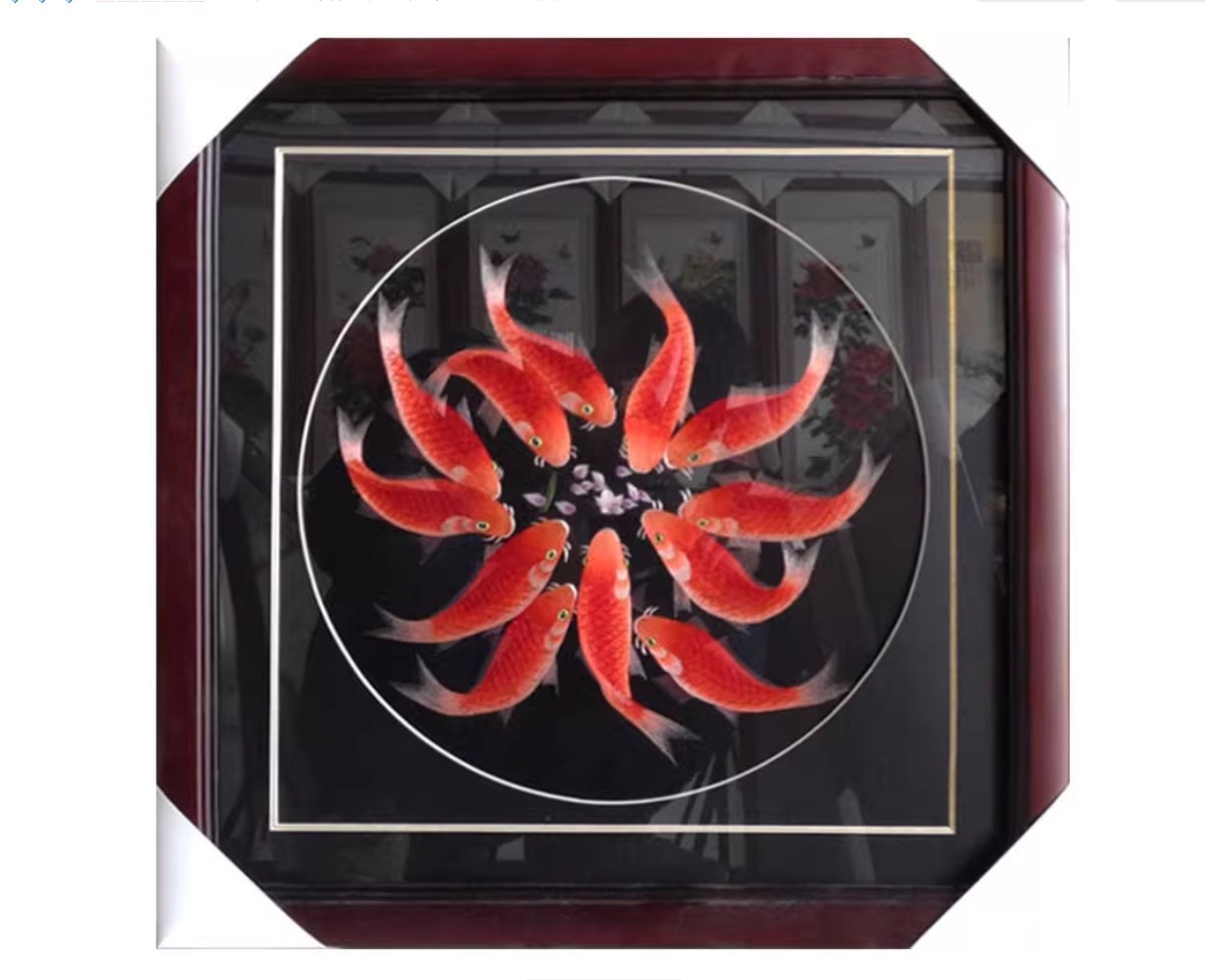 刺绣画 红鱼图案 中国手工艺品