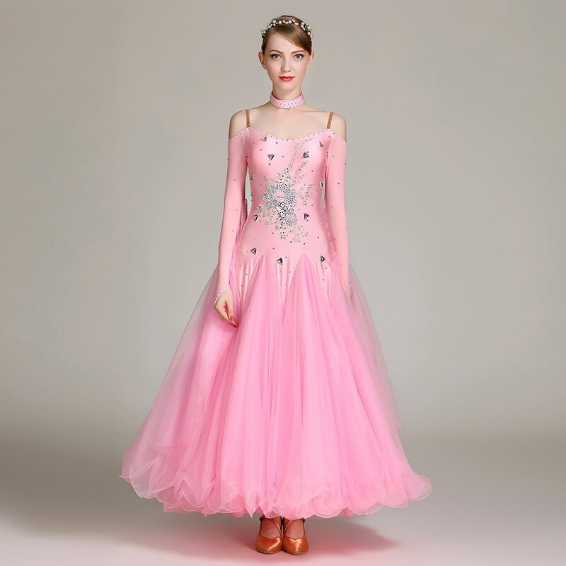 【受注生産S/M/L/XL/2XL】 ピンク/グリーン　長袖レース　社交ダンス 衣装 モダンドレス ラテンドレス ラテン衣装 社交ダンスドレス 大きい裾 豪華なドレス　ダンス衣装 ワンピース ダンス衣