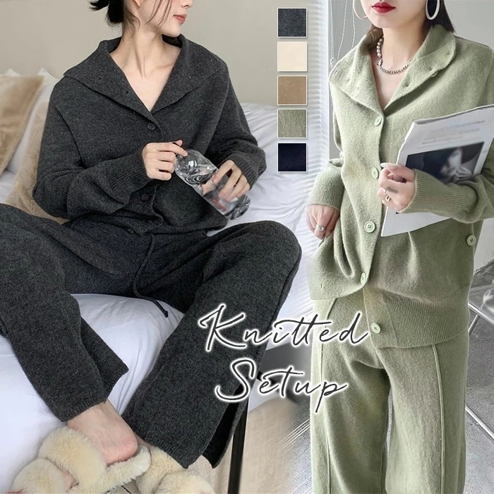 セットアップ レディース パンツ ハイネック 秋冬 きれいめ ニット 2点セット セーター パンツ ワイドパンツ 上下セット パンツスーツ スーツ 重ね着 トップス 暖か 防寒 長袖 ズボン 体型カバ