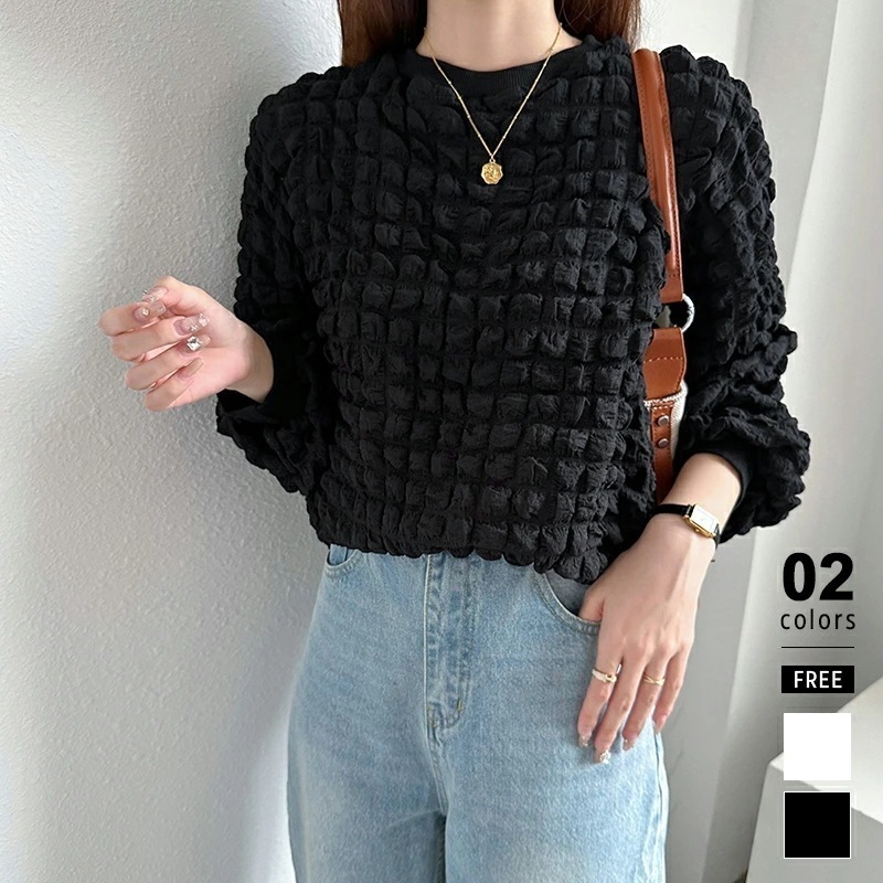 【2枚購入で100円OFF】ポコポコ ポップコーン トップス レディース 長袖 プルオーバー ジャガード ワッフル カットソー 立体 ショート丈 ぽわん ボリューム袖 クロップド