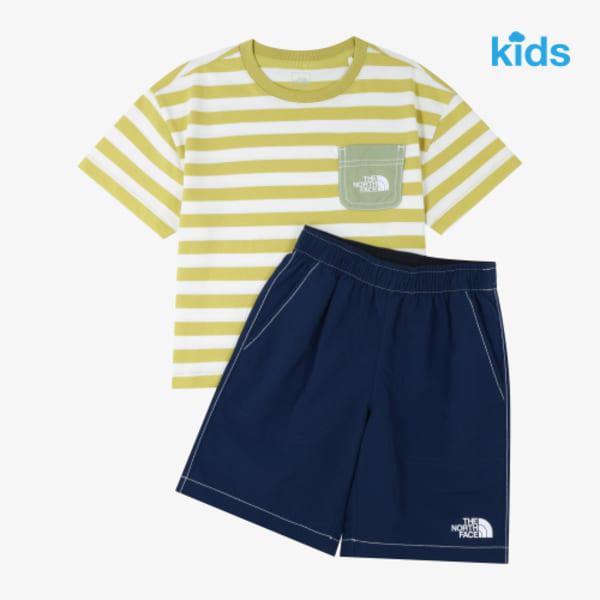 キッズ プレイオン ストライプ クルーセット NT7US12T DARK YELLOW