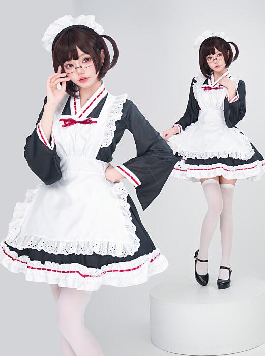 メイド服 膝丈 ロリータワンピース フレア長袖 メイド服 4点セット 女性 ハロウィン コスプレ衣装 スカラップ ドレス 学園祭 文化祭 イベント 撮影衣装 コスチューム