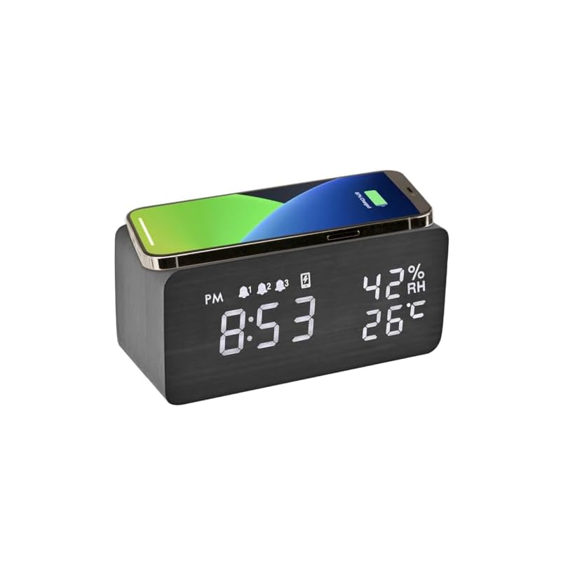 Electime 目覚まし時計 置き時計 スマホ充電機能 デジタル 多機能 木目 卓上時計 Qiワイヤレス充電器 スヌーズ 温度/湿度/アラーム 自動輝度調節 自動調光 おしゃれ USB給電 アラーム